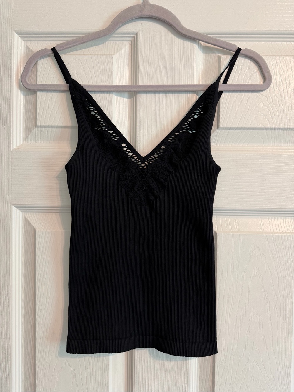Free People Black Ribbed V-Neck Lace Trim Cami
